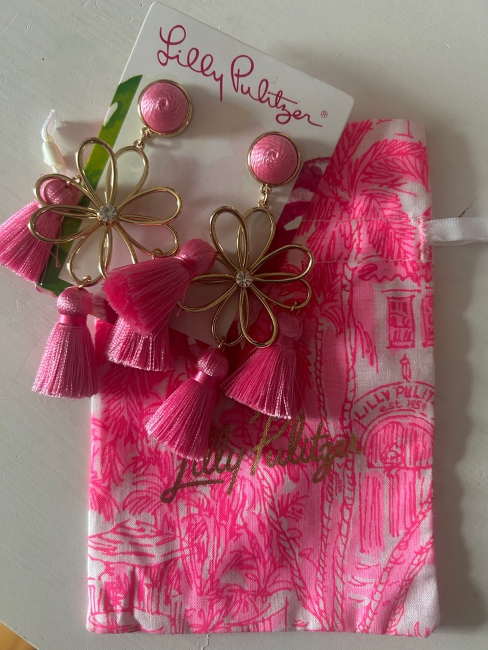 Lilly Pulitzer Hot Pink Gold Floral Tassel Earrings